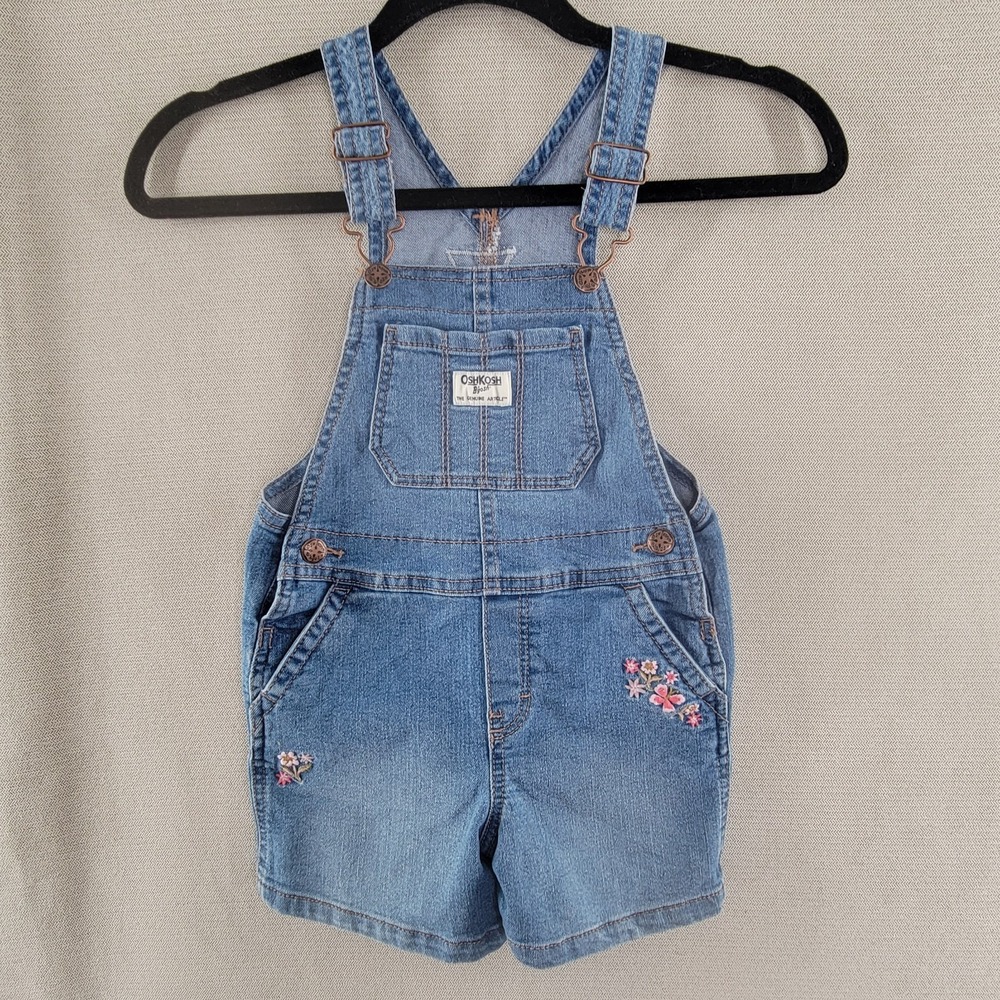 Osh Kosh B'Gosh Girls Short Overalls Vestback Embroidered Denim Shortall Size 4T - Picture 1 of 9
